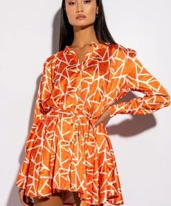 SKYART X AKIRA BUTTON UP MINI DRESS -akira shop skyart x akira button up mini dress orange multi 6 6