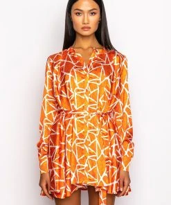 SKYART X AKIRA BUTTON UP MINI DRESS -akira shop skyart x akira button up mini dress orange multi 7 7