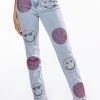 SMILEY FACES RHINESTONE HIGH RISE STRAIGHT LEG JEANS -akira shop smiley faces rhinestone high rise straight leg jeans light blue denim 1 1