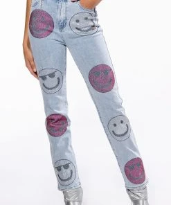 SMILEY FACES RHINESTONE HIGH RISE STRAIGHT LEG JEANS