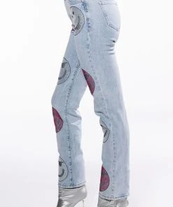 SMILEY FACES RHINESTONE HIGH RISE STRAIGHT LEG JEANS -akira shop smiley faces rhinestone high rise straight leg jeans light blue denim 6 6