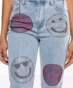 SMILEY FACES RHINESTONE HIGH RISE STRAIGHT LEG JEANS -akira shop smiley faces rhinestone high rise straight leg jeans light blue denim 8 8