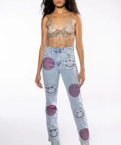 SMILEY FACES RHINESTONE HIGH RISE STRAIGHT LEG JEANS -akira shop smiley faces rhinestone high rise straight leg jeans light blue denim 9 9