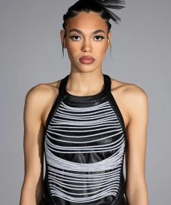 STOP THIS FLAME FAUX LEATHER RHINESTONE HALTER