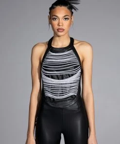 STOP THIS FLAME FAUX LEATHER RHINESTONE HALTER -akira shop stop this flame faux leather rhinestone halter black 3 3