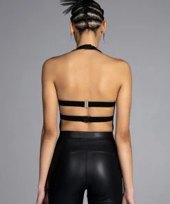 STOP THIS FLAME FAUX LEATHER RHINESTONE HALTER -akira shop stop this flame faux leather rhinestone halter black 5 5