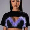 TAI FEATHER TRIM BRA AND ULTRA CROP TSHIRT SET -akira shop tai feather trim bra and ultra crop tshirt set black multi 1 1