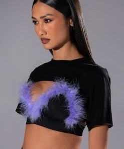 TAI FEATHER TRIM BRA AND ULTRA CROP TSHIRT SET -akira shop tai feather trim bra and ultra crop tshirt set black multi 3 3