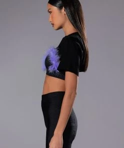 TAI FEATHER TRIM BRA AND ULTRA CROP TSHIRT SET -akira shop tai feather trim bra and ultra crop tshirt set black multi 4 4