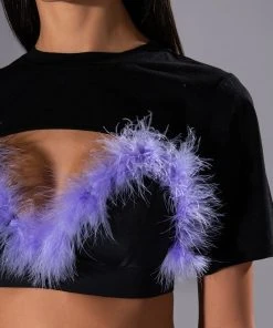 TAI FEATHER TRIM BRA AND ULTRA CROP TSHIRT SET -akira shop tai feather trim bra and ultra crop tshirt set black multi 6 6