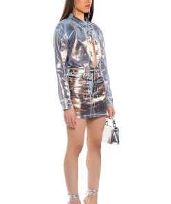 TELEPORT FOIL EFFECT DENIM SKIRT -akira shop teleport foil effect denim skirt denim 4 4