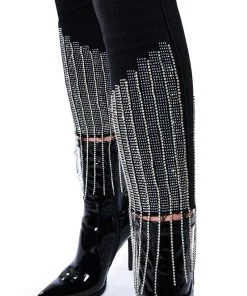 TOO GOOD HIGH WAISTED RHINESTONE FRINGE SKINNY JEANS -akira shop too good high waisted rhinestone fringe skinny jeans black 14 14