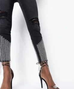 TOO GOOD HIGH WAISTED RHINESTONE FRINGE SKINNY JEANS -akira shop too good high waisted rhinestone fringe skinny jeans black 4