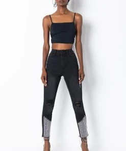 TOO GOOD HIGH WAISTED RHINESTONE FRINGE SKINNY JEANS -akira shop too good high waisted rhinestone fringe skinny jeans black 5