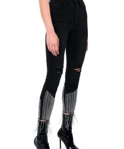 TOO GOOD HIGH WAISTED RHINESTONE FRINGE SKINNY JEANS -akira shop too good high waisted rhinestone fringe skinny jeans black 8 8