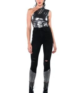 TOO GOOD HIGH WAISTED RHINESTONE FRINGE SKINNY JEANS -akira shop too good high waisted rhinestone fringe skinny jeans black 9 9