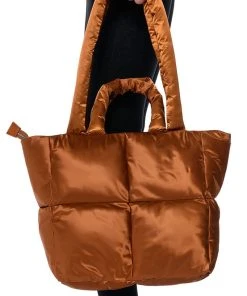 TOVA NYLON TOTE BAG IN BROWN PUFFER -akira shop tova nylon tote bag in brown puffer brown 1 1