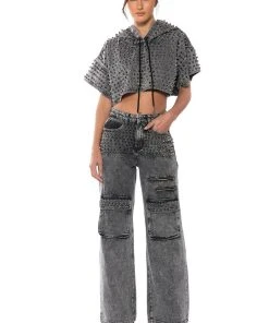 TURN IT UP STUD EMBELLISHED UTILITY JEANS 12 TURN IT UP STUD EMBELLISHED UTILITY JEANS -akira shop turn it up stud embellished utility jeans grey 3 3