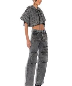 TURN IT UP STUD EMBELLISHED UTILITY JEANS 13 TURN IT UP STUD EMBELLISHED UTILITY JEANS -akira shop turn it up stud embellished utility jeans grey 4 4