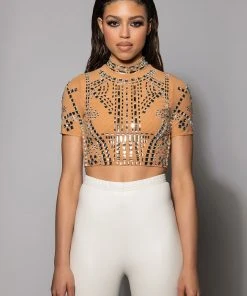 VALENCIA SHORT SLEEVE RHINESTONE CROP TOP -akira shop valencia short sleeve rhinestone crop top beige 3 3