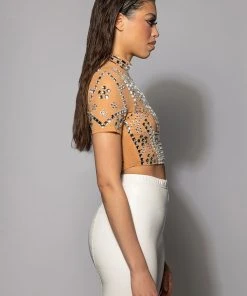 VALENCIA SHORT SLEEVE RHINESTONE CROP TOP -akira shop valencia short sleeve rhinestone crop top beige 4 4
