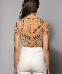 VALENCIA SHORT SLEEVE RHINESTONE CROP TOP -akira shop valencia short sleeve rhinestone crop top beige 5 5