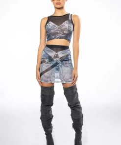 YOU THOUGHT WRONG DENIM PRINT MESH MINI SKIRT AND TOP SET -akira shop you thought wrong denim print mesh mini skirt and top set blue 12 12
