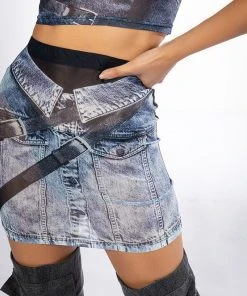 YOU THOUGHT WRONG DENIM PRINT MESH MINI SKIRT AND TOP SET -akira shop you thought wrong denim print mesh mini skirt and top set blue 13 13