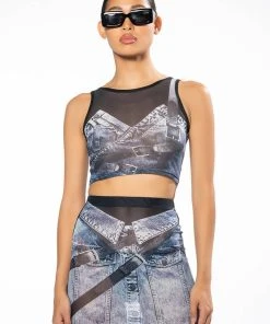 YOU THOUGHT WRONG DENIM PRINT MESH MINI SKIRT AND TOP SET -akira shop you thought wrong denim print mesh mini skirt and top set blue 6 6